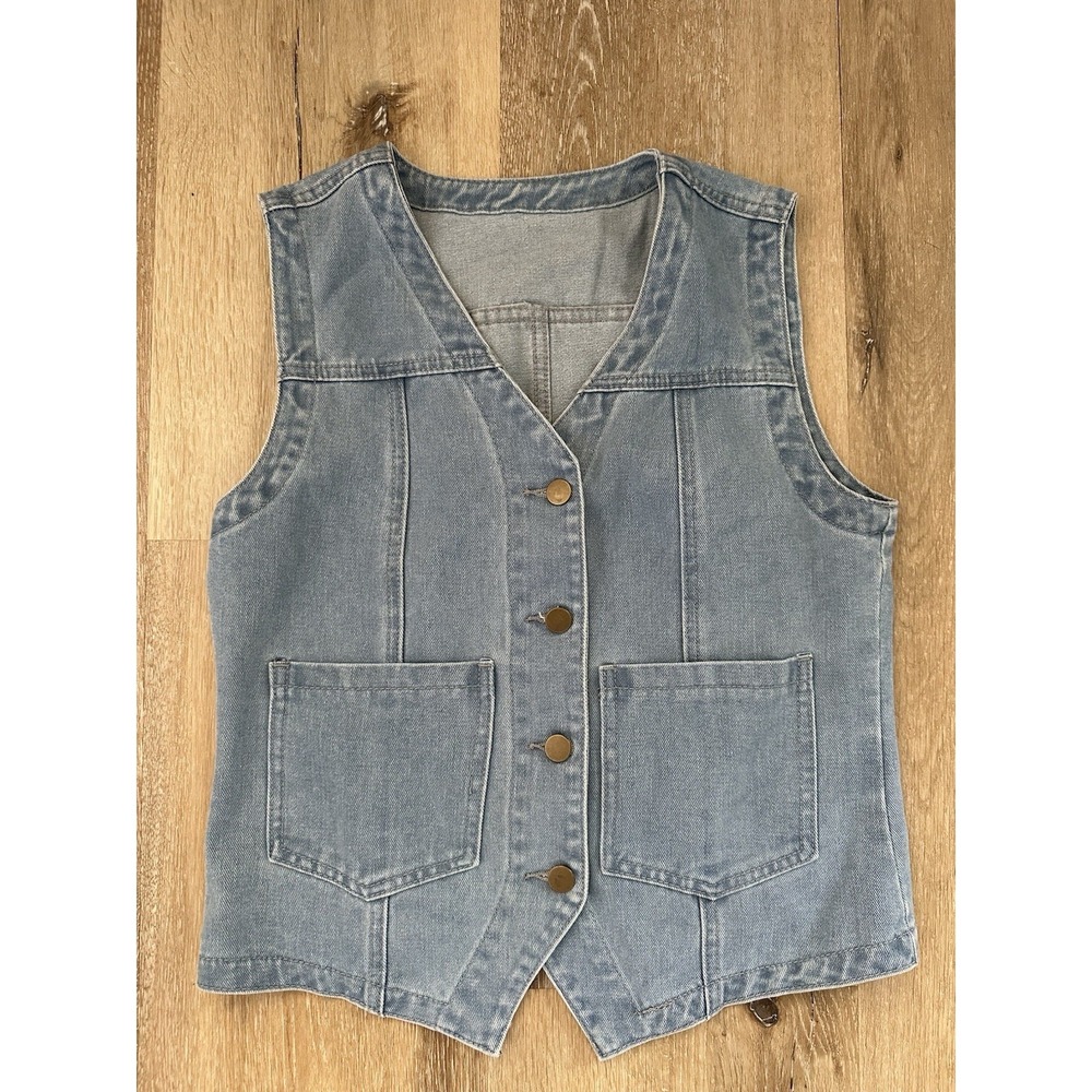 Women's Denim Vest S Blue Button Front Utility Pocket Cotton Blend Sleeveless